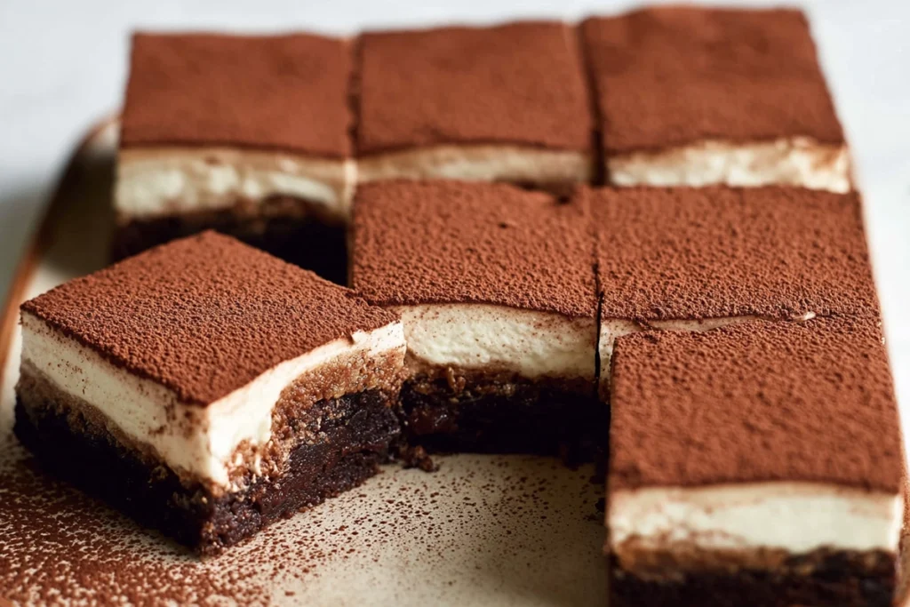 Sliced tiramisu brownies showing chocolate and mascarpone layers