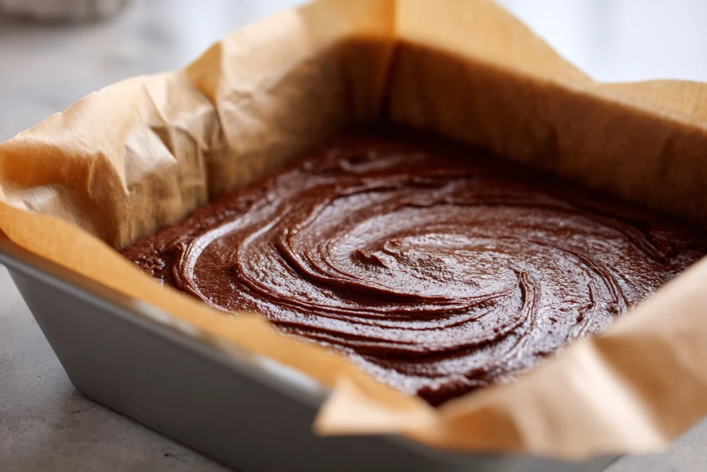 Brownie batter being spread in a pan for tiramisu brownies