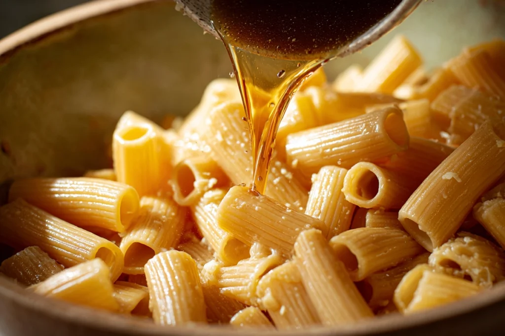 Warm pasta being tossed with vinaigrette for Mediterranean Chicken Pasta Salad