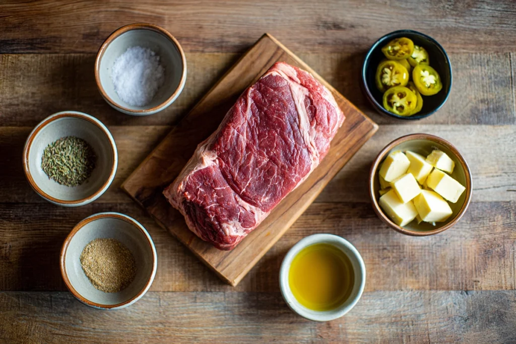 Ingredients for Traeger Mississippi Pot Roast Recipe arranged on a wooden kitchen counter