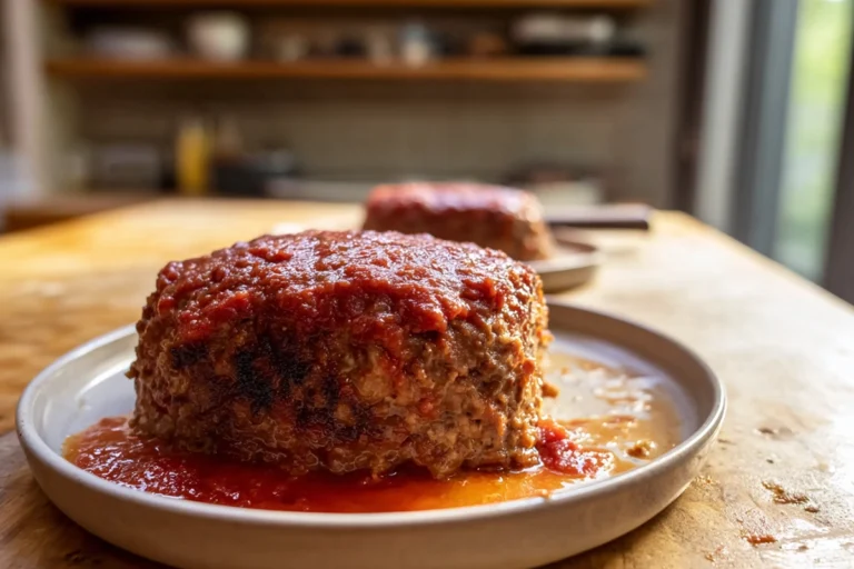 Traeger Pizza Meatloaf Recipe served on a ceramic plate in a cozy home kitchen