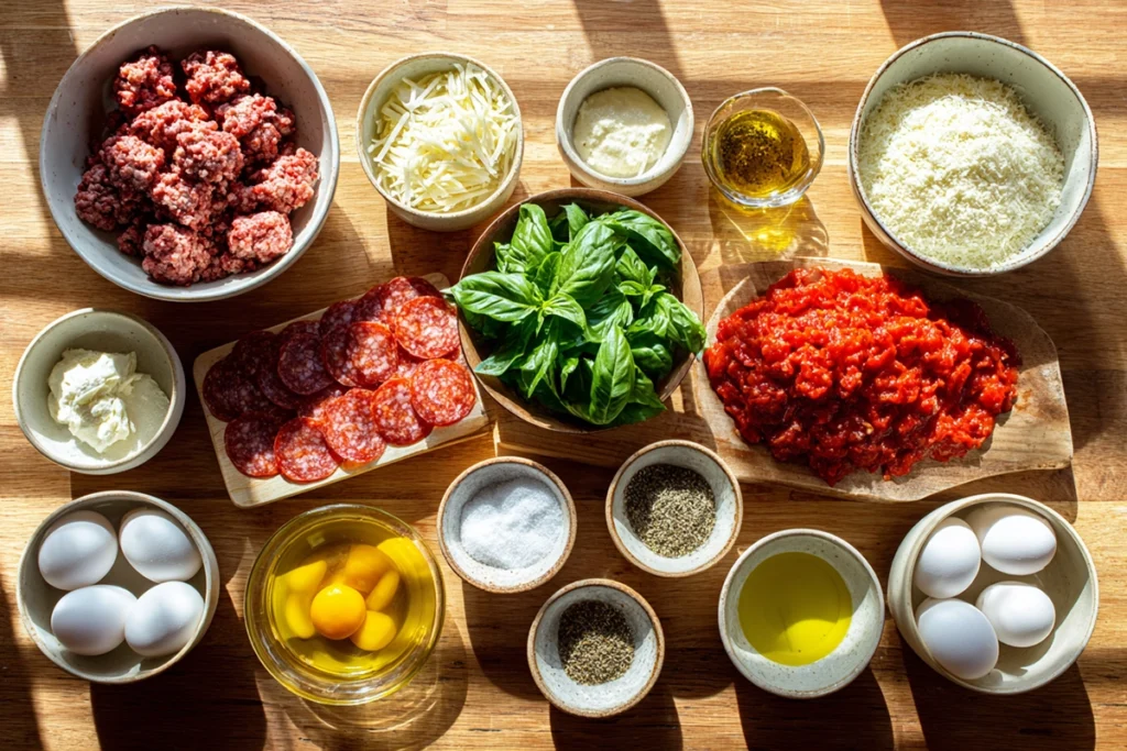 Ingredients for Traeger Pizza Meatloaf Recipe arranged on a wooden counter