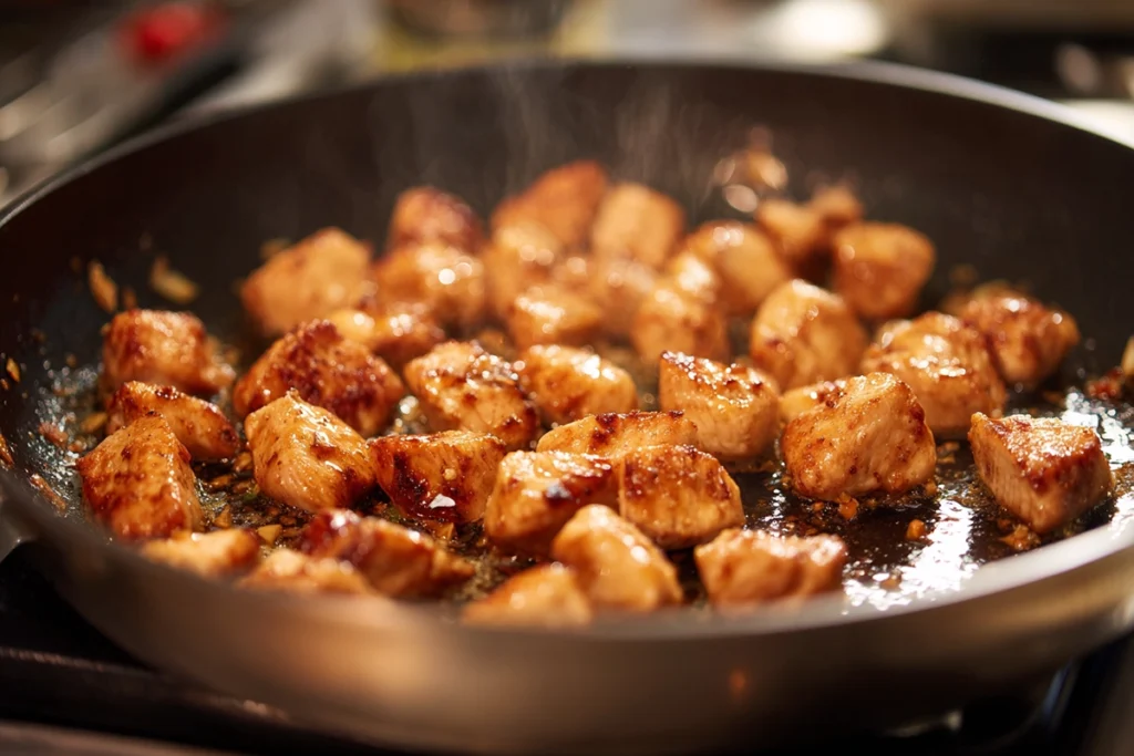 Chicken browning in a skillet for Tropical Pineapple Chicken Rice Delight