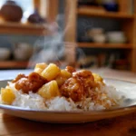Tropical Pineapple Chicken Rice Delight served on a ceramic plate in a cozy home kitchen