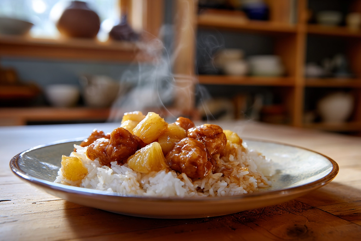 Tropical Pineapple Chicken Rice Delight served on a ceramic plate in a cozy home kitchen
