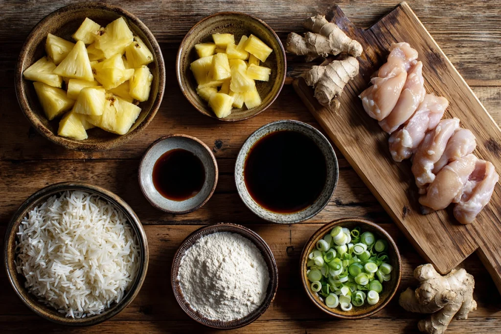 Ingredients for Tropical Pineapple Chicken Rice Delight arranged in a home kitchen