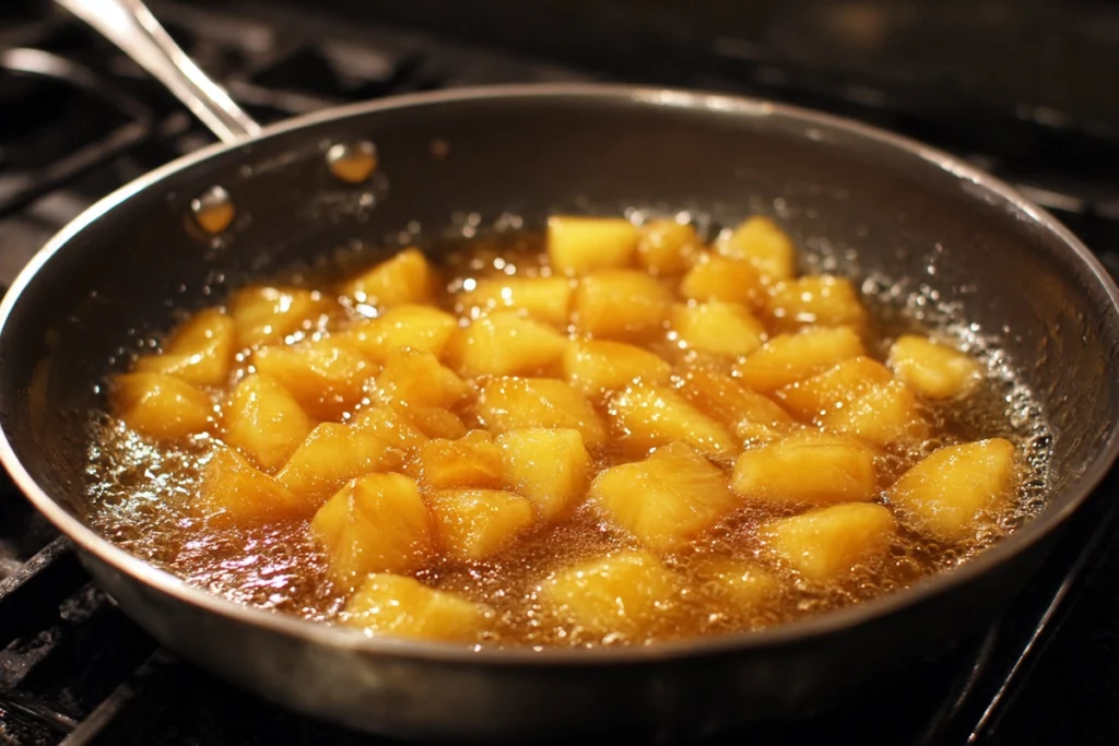 Pineapple sauce thickening in the pan for Tropical Pineapple Chicken Rice Delight