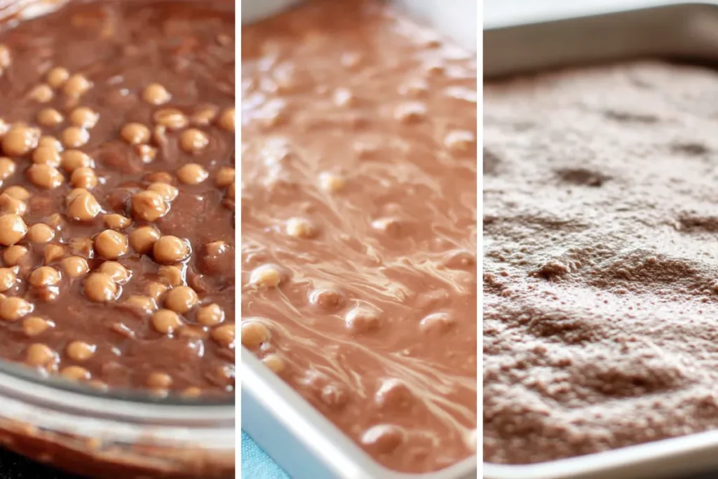 Baked Turtle Texas Sheet Cake cooling in a sheet pan before the warm frosting