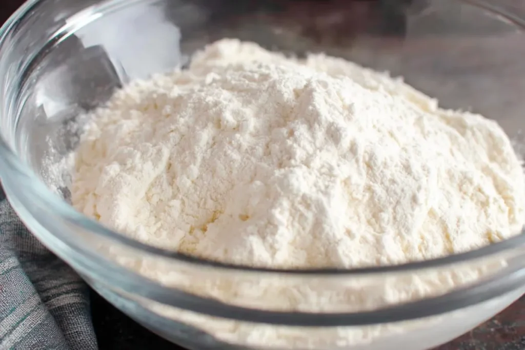 Dry flour and sugar in a mixing bowl for Turtle Texas Sheet Cake batter