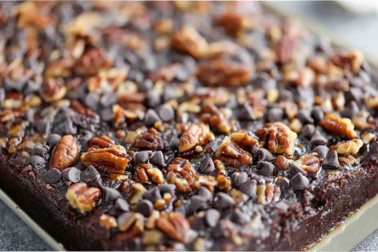 Mohamed Ayad's Turtle Texas Sheet Cake Recipe with chocolate frosting, pecans, and caramel topping