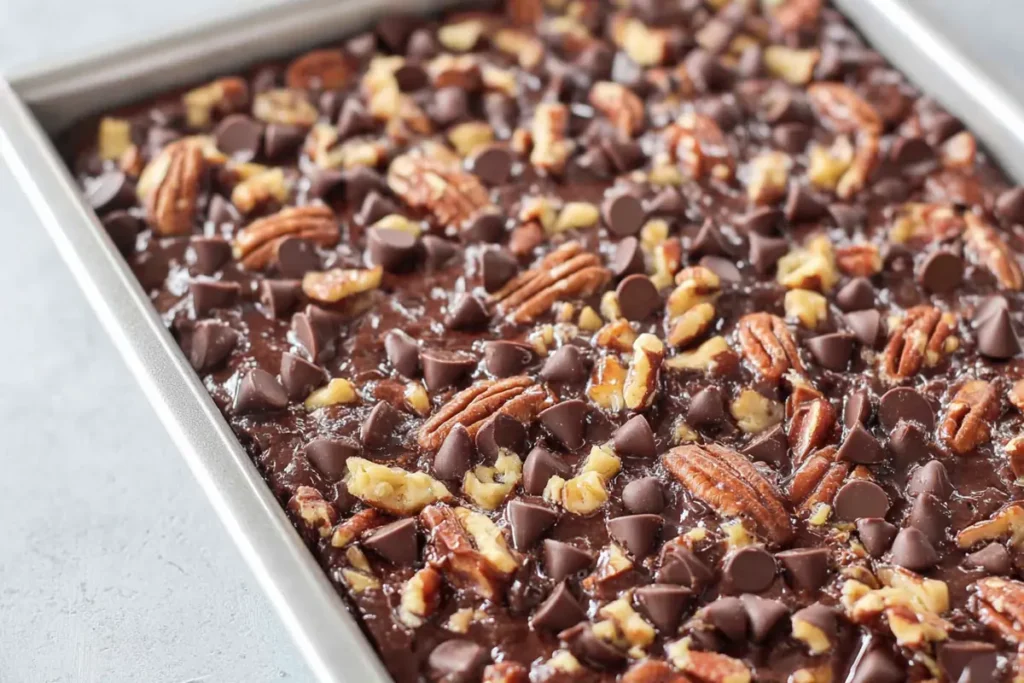 Finished Turtle Texas Sheet Cake with pecans, chocolate chips, and caramel bits