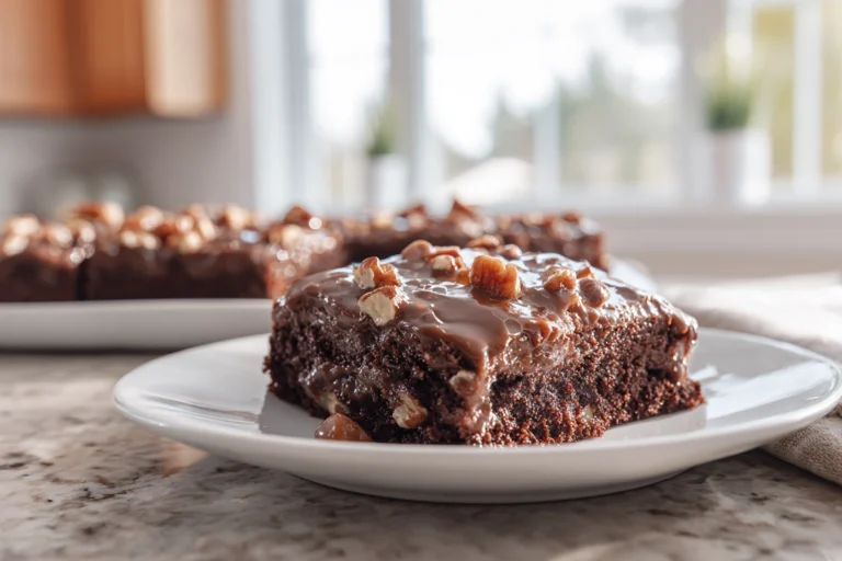 Turtle Texas Sheet Cake with chocolate frosting caramel and pecans