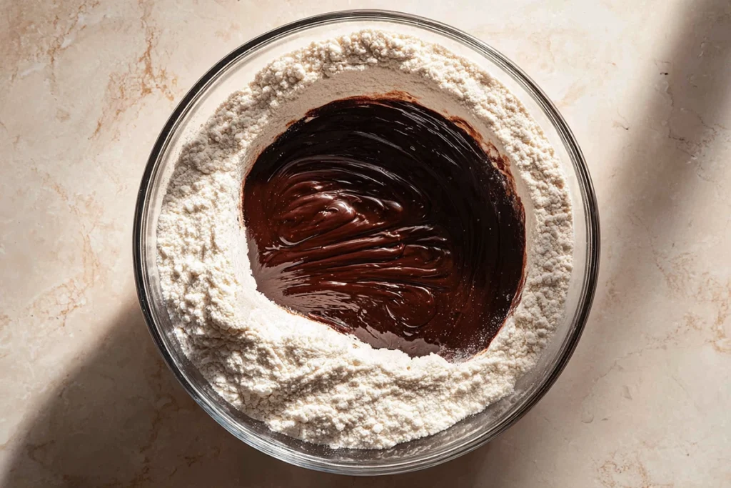 Hot chocolate mixture poured over flour for Turtle Texas Sheet Cake