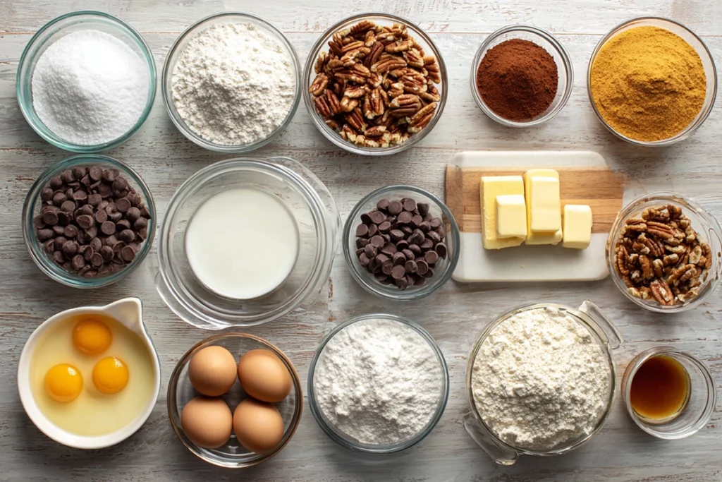 Ingredients for Turtle Texas Sheet Cake measured and ready