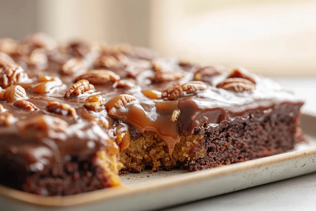 A warm slice of Turtle Texas Sheet Cake ready to eat