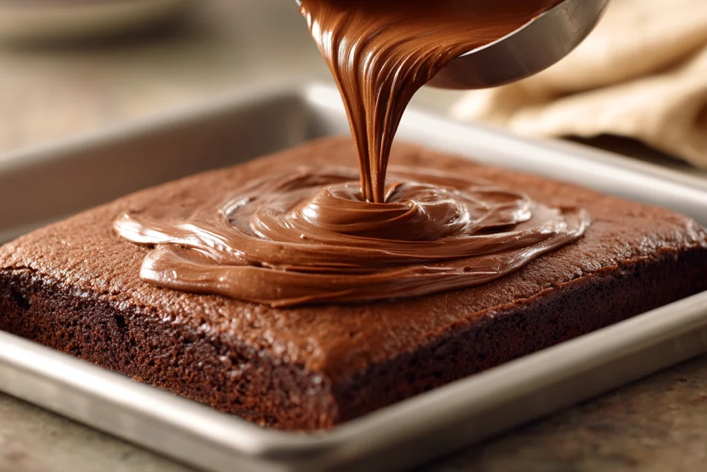 Warm chocolate frosting poured over Turtle Texas Sheet Cake