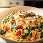 Tuscan Chicken Pasta served creamy and warm on a modern plate