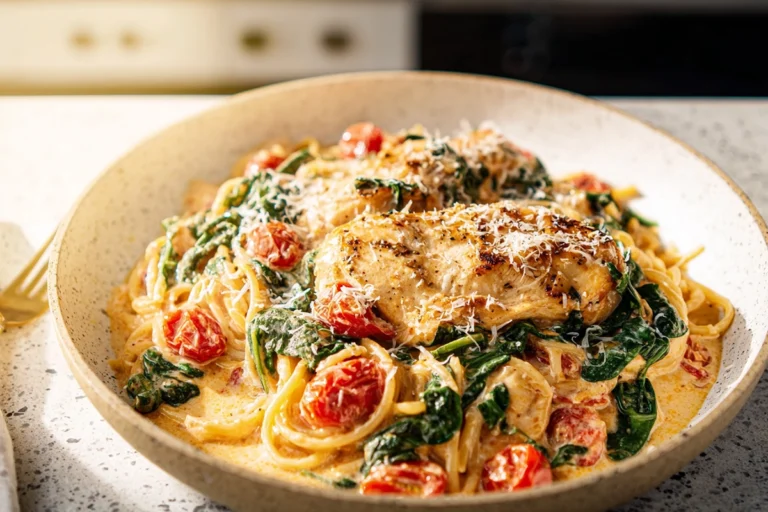 Tuscan Chicken Pasta served creamy and warm on a modern plate
