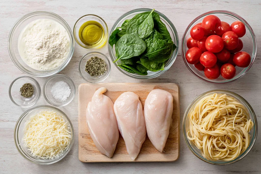 Ingredients for Tuscan Chicken Pasta arranged neatly overhead