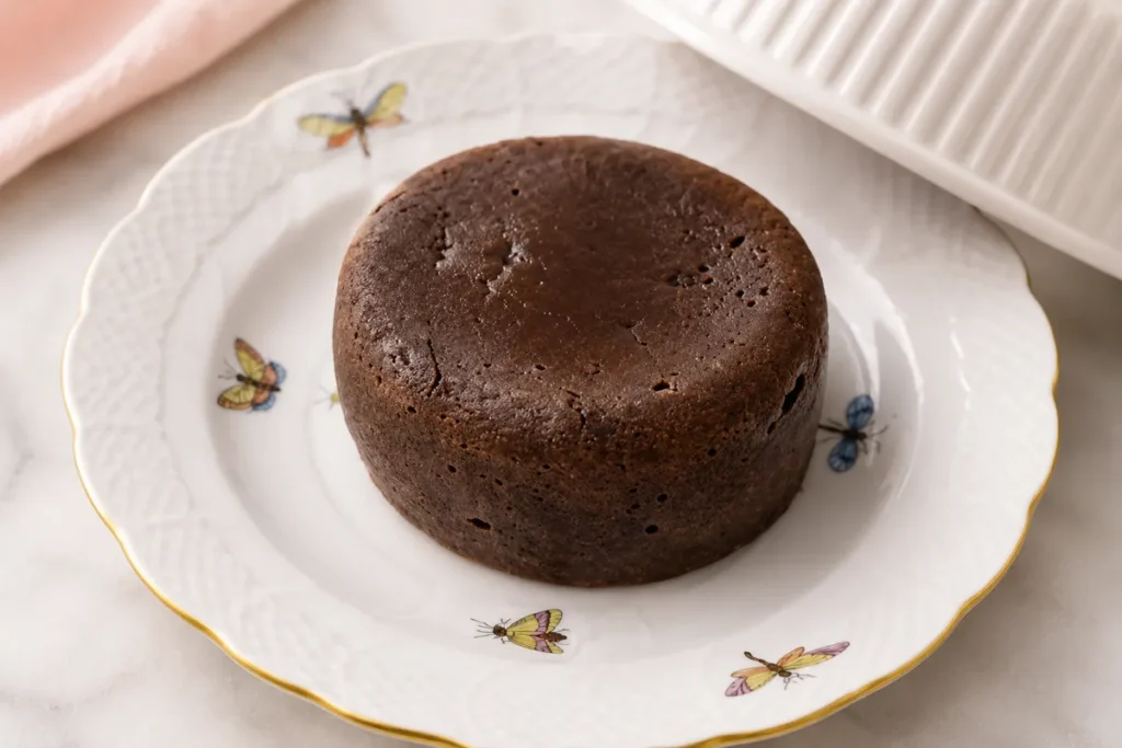 Chocolate Lava Cake with a Soft Molten Center 7 Unmolded chocolate lava cake on a dessert plate after baking