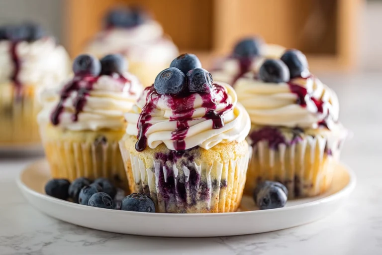 White Chocolate Blueberry Cupcakes plated fresh with creamy frosting