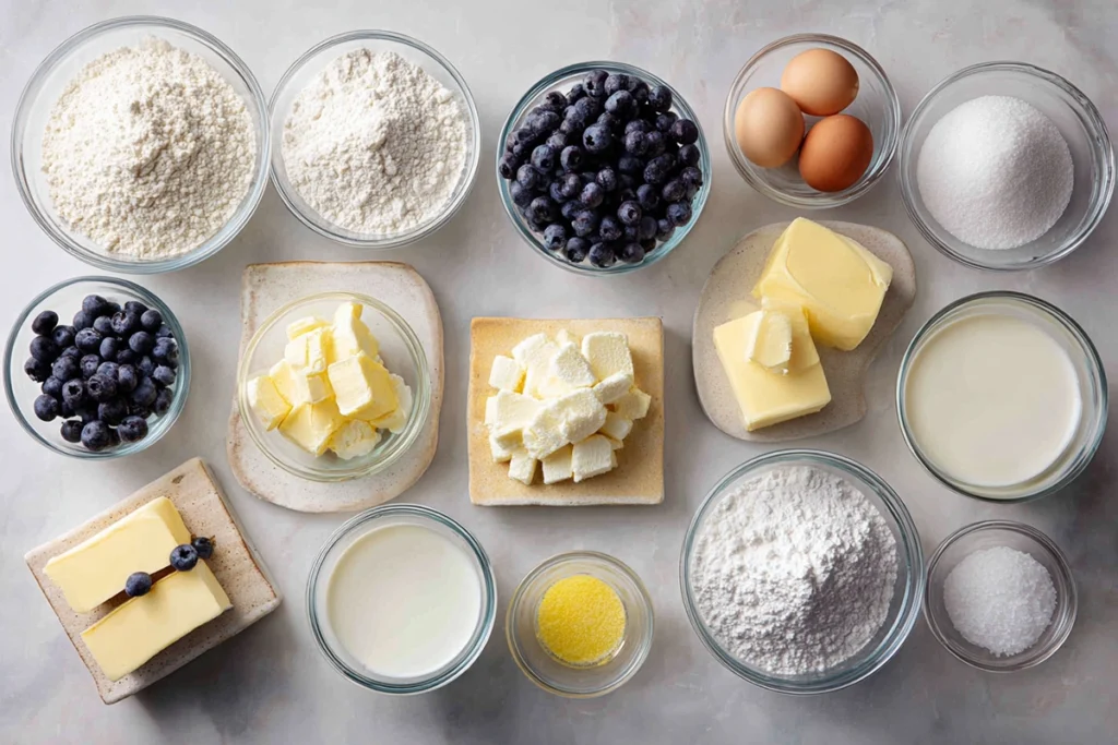Ingredients for White Chocolate Blueberry Cupcakes arranged overhead