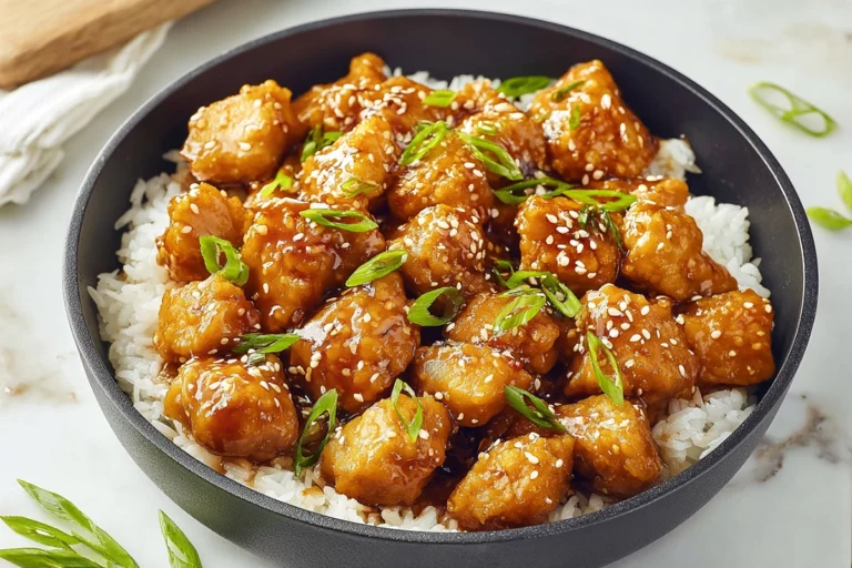 Sticky glossy 15-Minute Honey Garlic Chicken served over rice in a bright modern kitchen