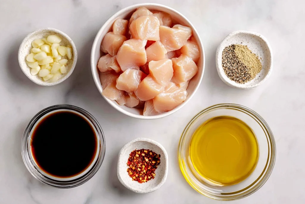 Ingredients for 15-Minute Honey Garlic Chicken arranged on marble countertop