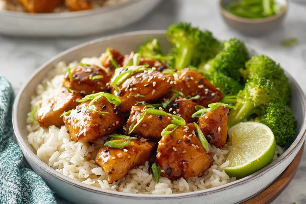 15-Minute Honey Garlic Chicken served with rice and vegetables