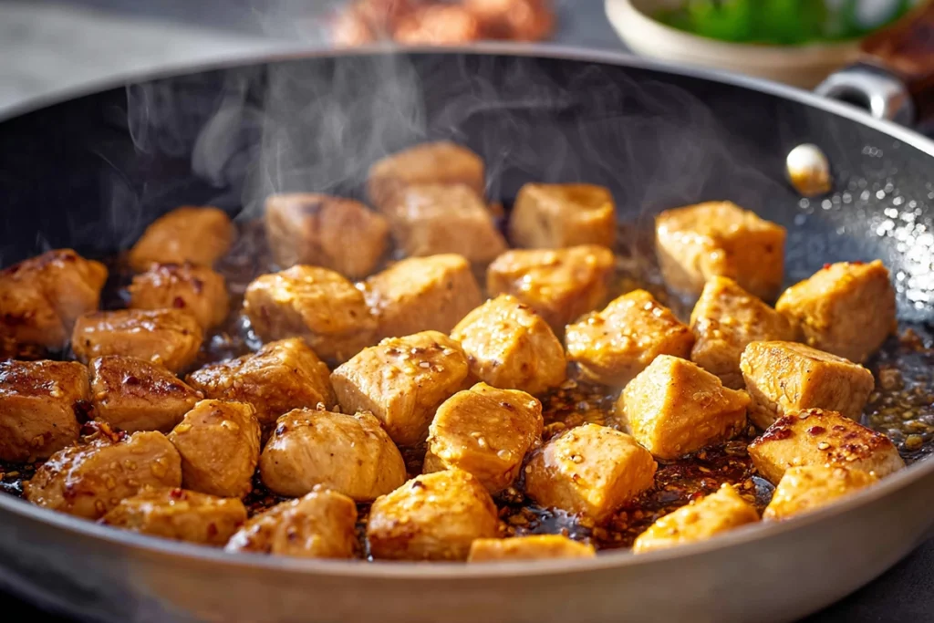 Chicken cubes browning in skillet for 15-Minute Honey Garlic Chicken