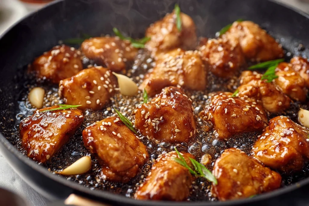 Honey garlic sauce bubbling and glazing chicken in skillet