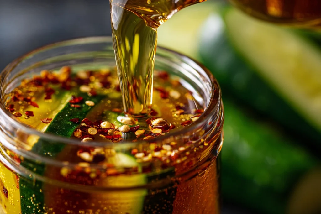 Asian Pickled Cucumbers.Pouring the Brine