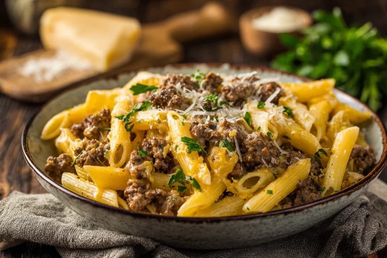 Cheesy Penne with Garlic Butter Ground Beef