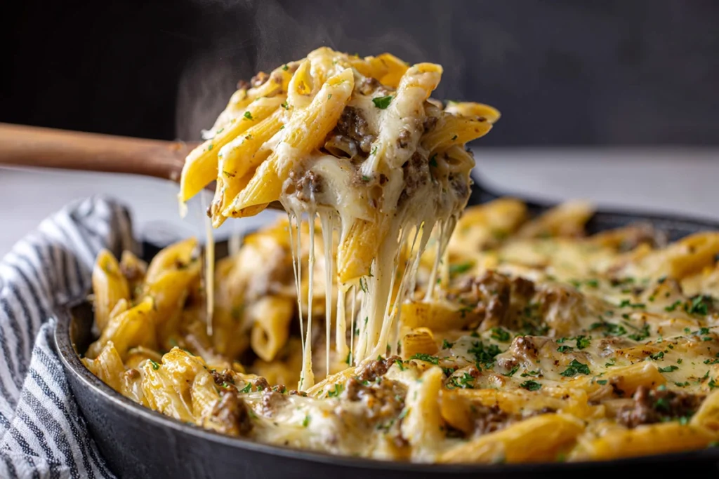 Cheesy Penne with Garlic Butter Ground Beef Finished Dish Tossed with Sauce
