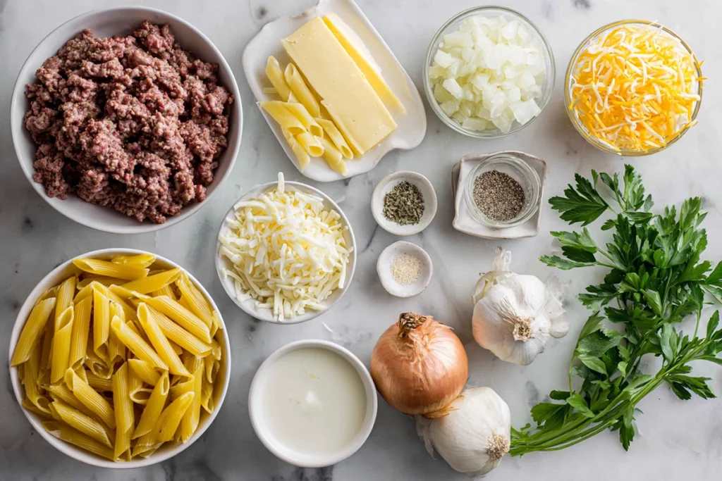 Cheesy Penne with Garlic Butter Ground Beef Ingredients