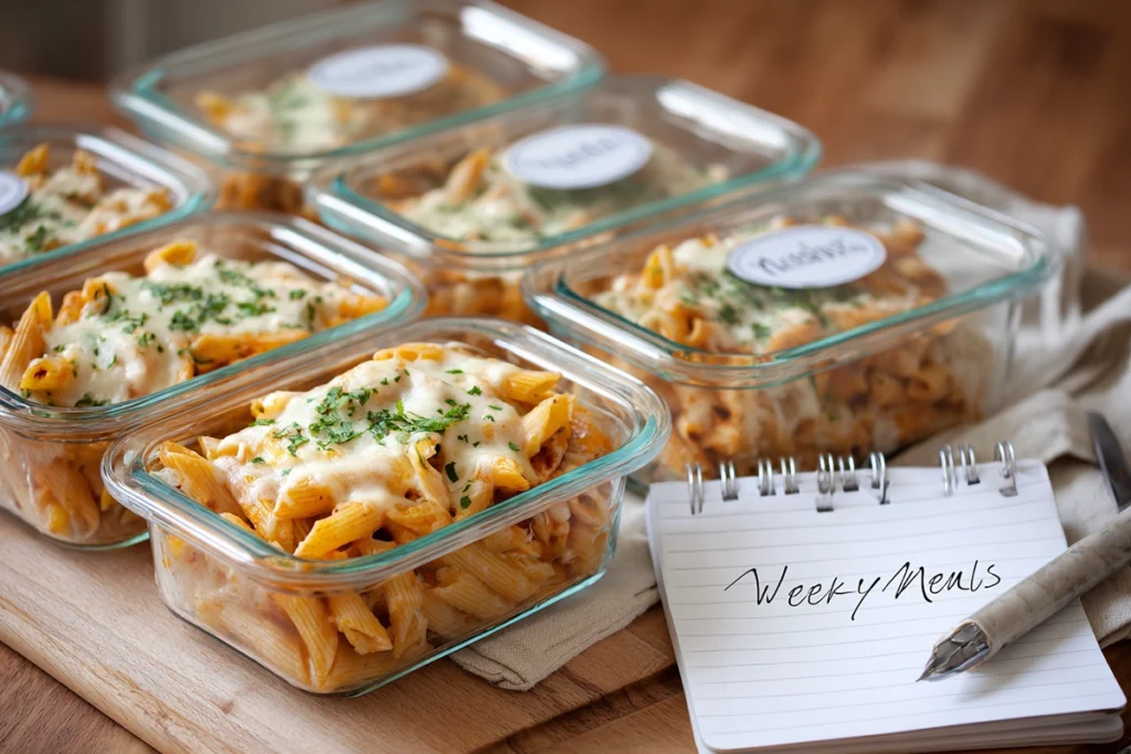 Cheesy Penne with Garlic Butter Ground Beef Meal Prep & Storage