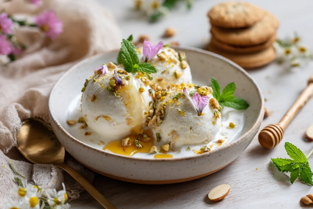 Dandelion Honey Ice Cream Ice Cream Served with Garnishes