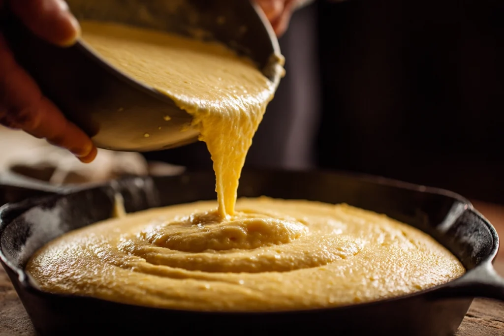 Grandmother’s Buttermilk Cornbread Mixing and Pouring the Batter