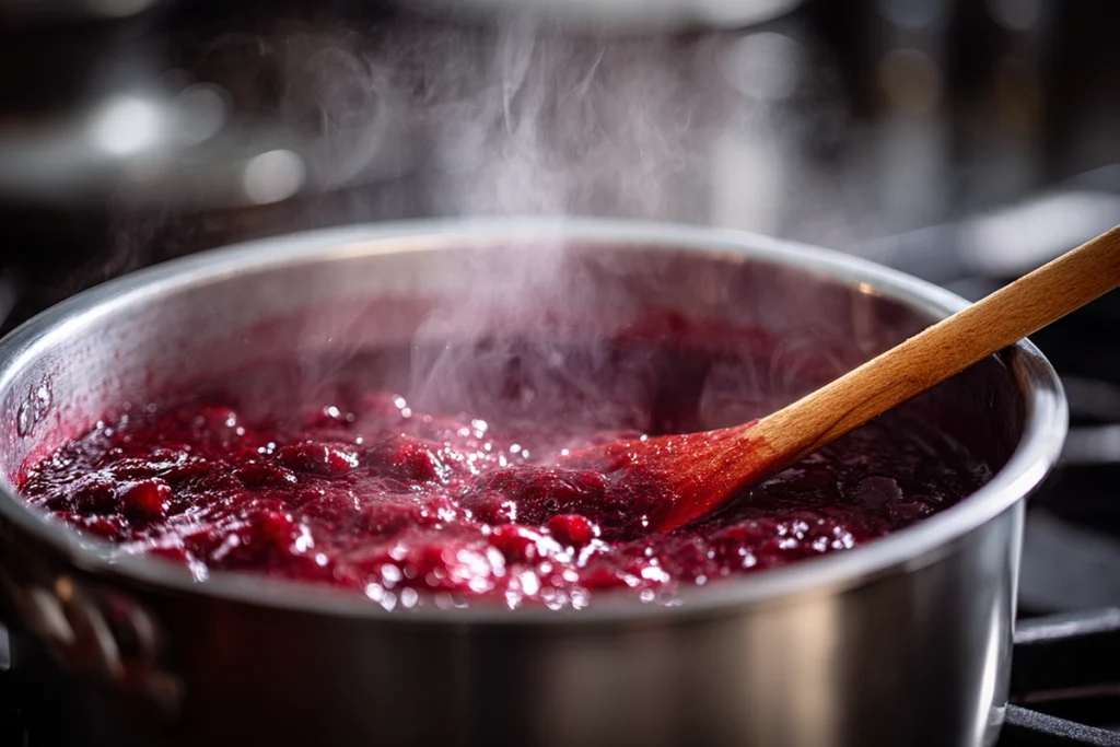 Homemade Strawberry Rhubarb Jam Recipe Cooking Process – Jam Simmering on the Stove