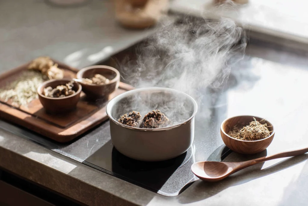 Iced Dandelion Chaga Latte Brewing the Base – Step-by-Step Visual