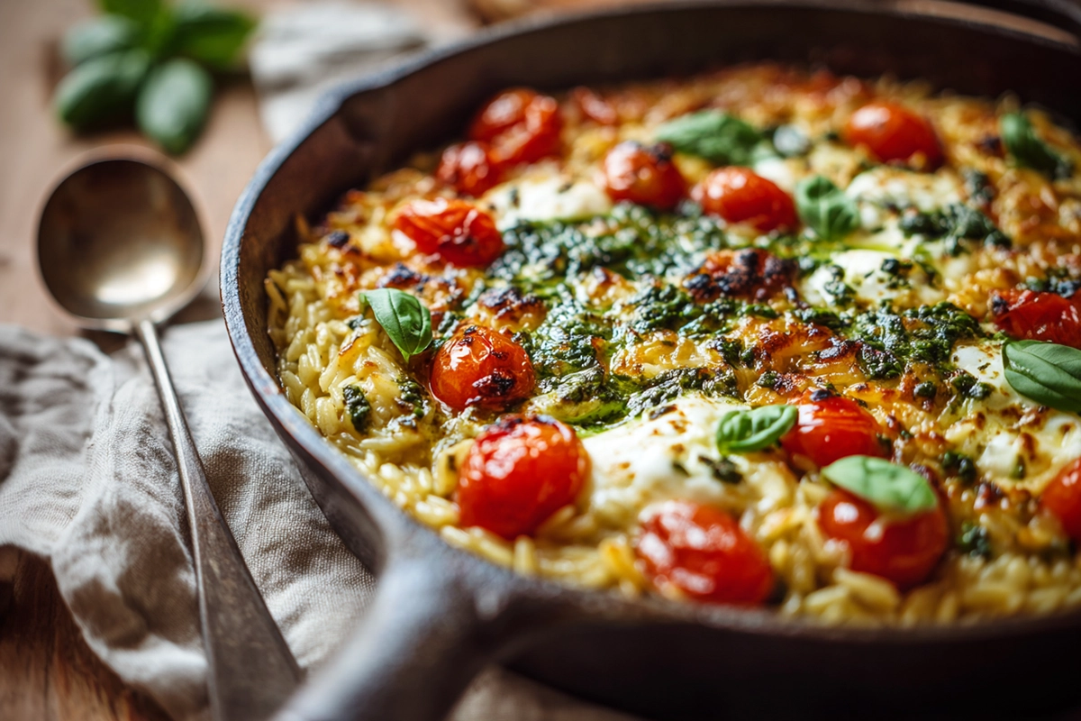 One Pan Caprese Pesto Orzo Bake Recipe