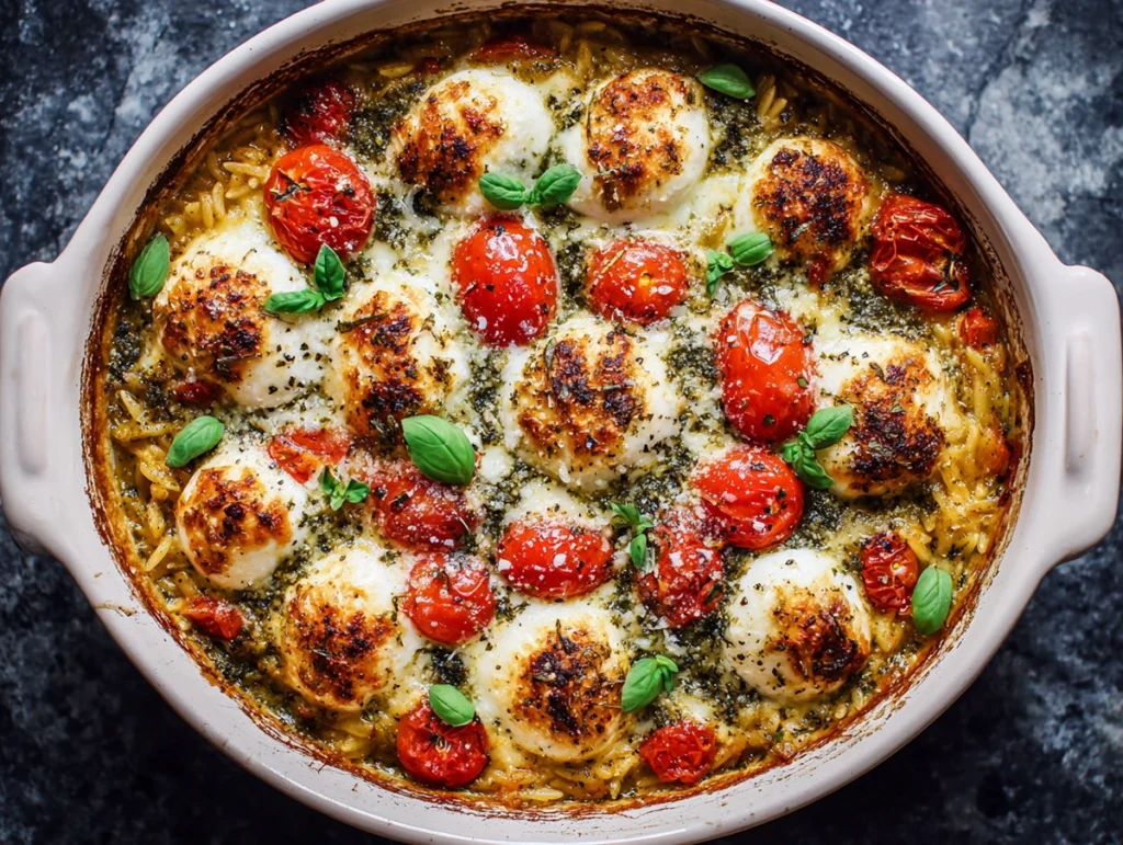 One Pan Caprese Pesto Orzo Bake Recipe Mozzarella Melting Phase