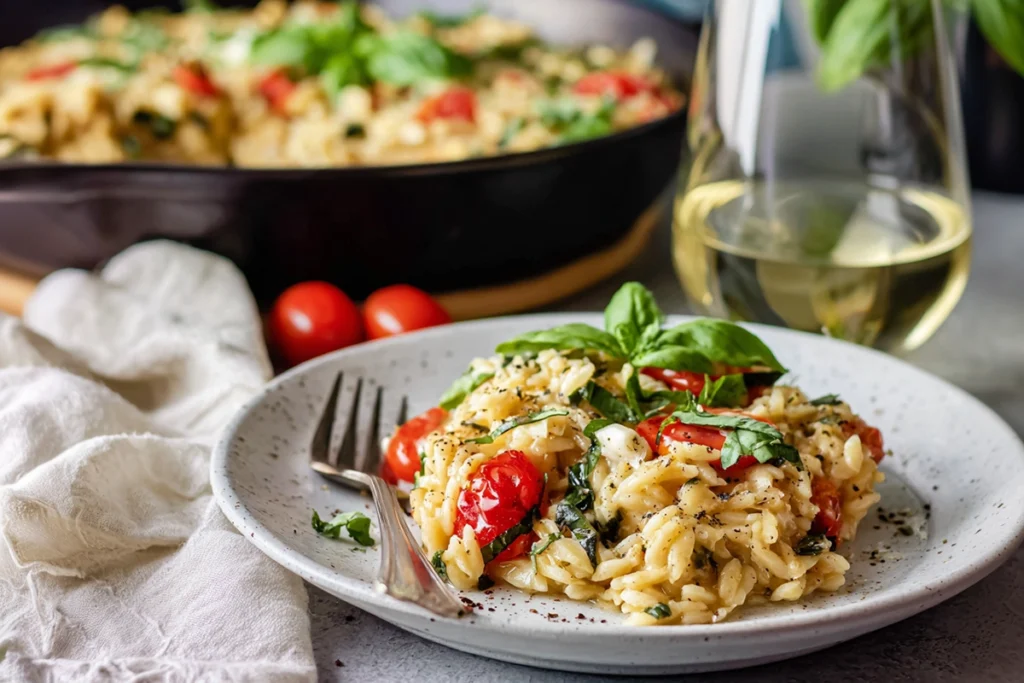 One Pan Caprese Pesto Orzo Bake Recipe Plated and Served