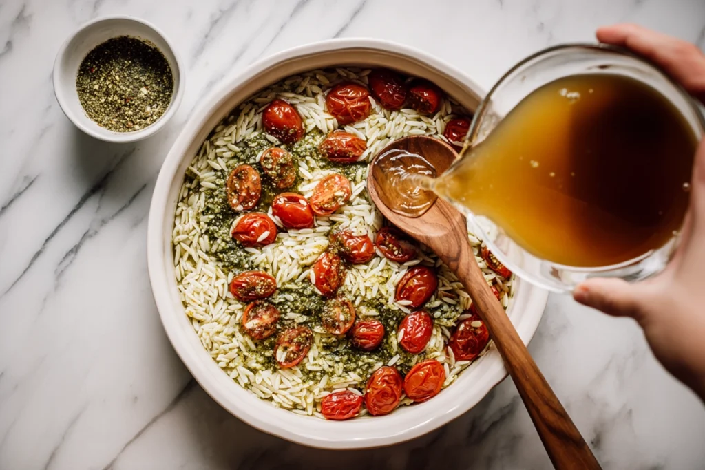 One Pan Caprese Pesto Orzo Bake RecipeStep-by-Step Preparation