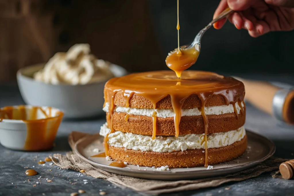 Salted Caramel Cake Cake Layer Assembly Process