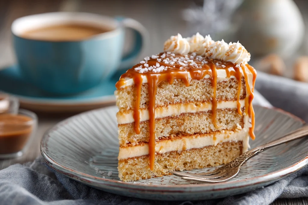 Salted Caramel Cake Finished Cake Slice on Plate