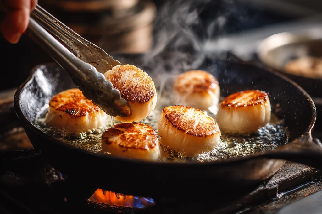 Seared Scallops with Spicy Cajun Cream Sauce Searing the Scallops in the Pan