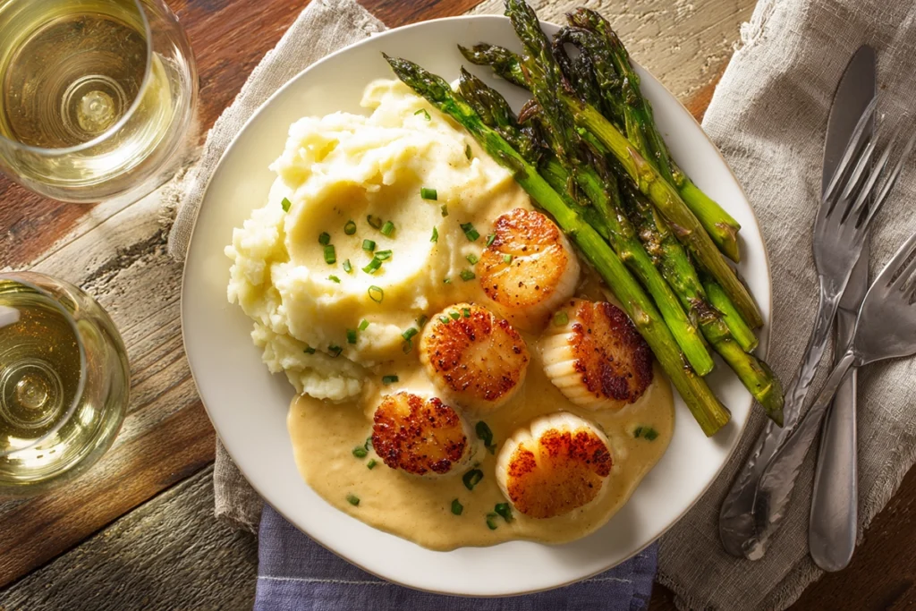 Seared Scallops with Spicy Cajun Cream Sauce Serving Suggestion with Side Dish