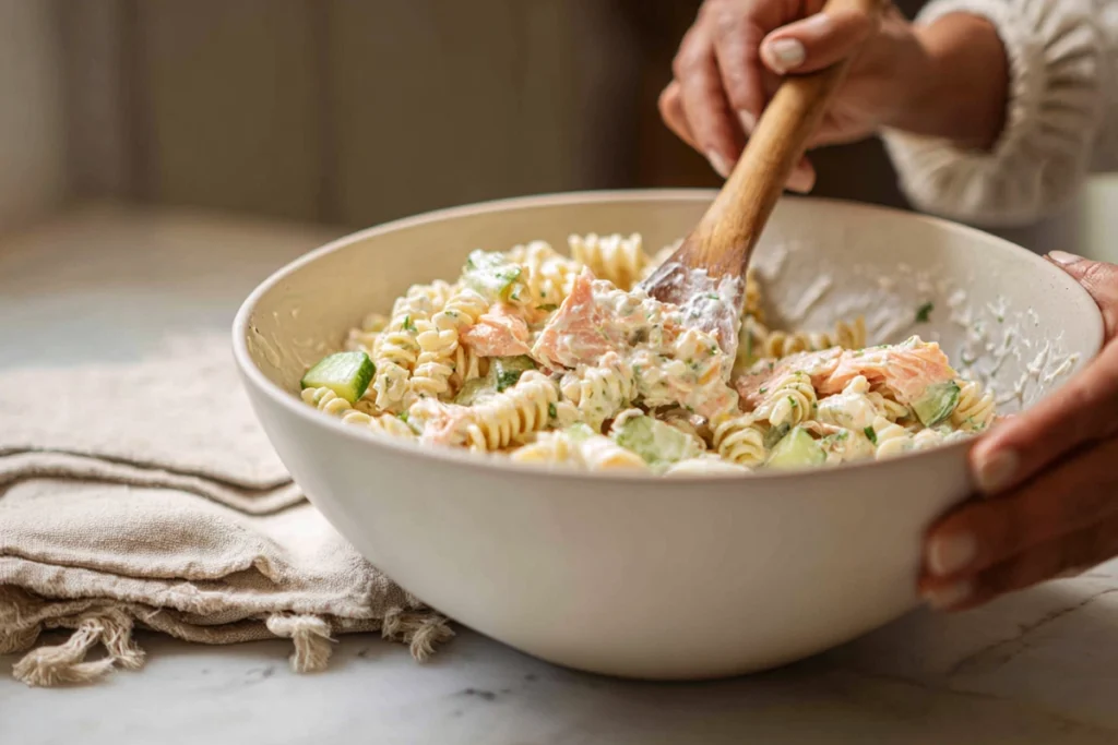 Smoked Salmon Pasta Salad Recipe Step-by-Step Mixing Process