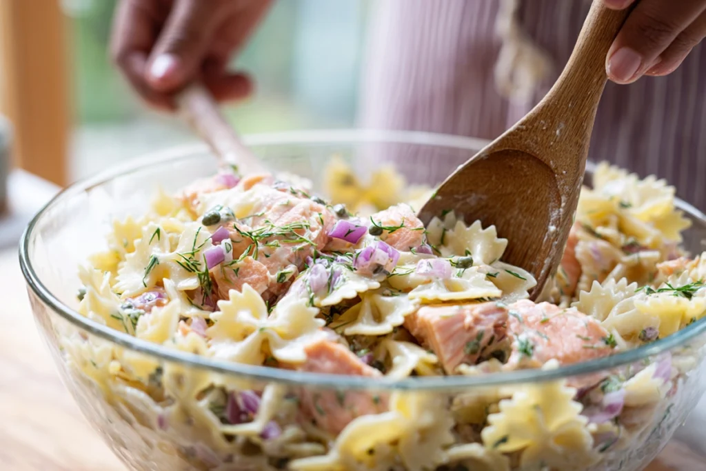 Smoked Salmon Pasta Salad Recipe Step-by-Step Prep – Mixing the Salad